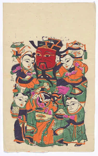 現代 佚名 五子門神(右) 彩印木刻年畫 河南朱仙鎮天義老店|New Year Picture of Door God with Five Children (right one of a pair) — Unidentified artist(s)