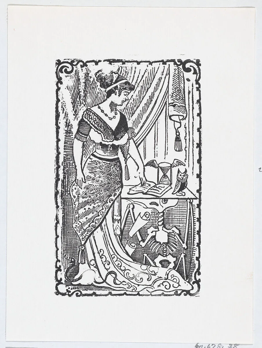 A woman pointing to a book on a desk with a skeleton underneath — José Guadalupe Posada|José Sanchez