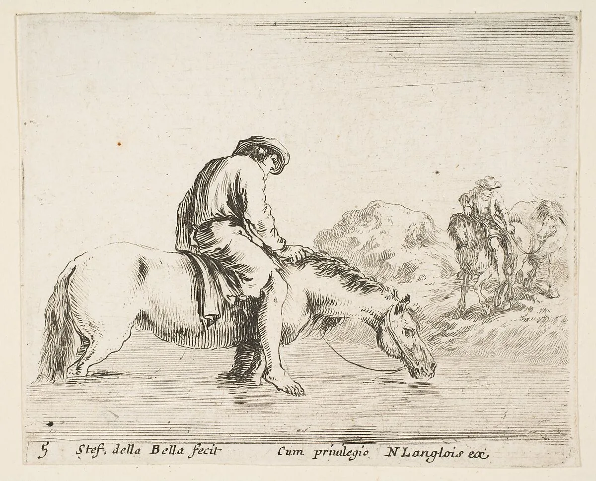 A barefoot peasant on horseback crossing a river, another peasant on horseback and leading a horse on a bank to right in the background, plate 5 from "Diversi capricci" — Stefano della Bella|Nicolas Langlois