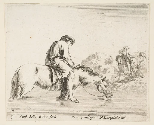 A barefoot peasant on horseback crossing a river, another peasant on horseback and leading a horse on a bank to right in the background, plate 5 from "Diversi capricci"