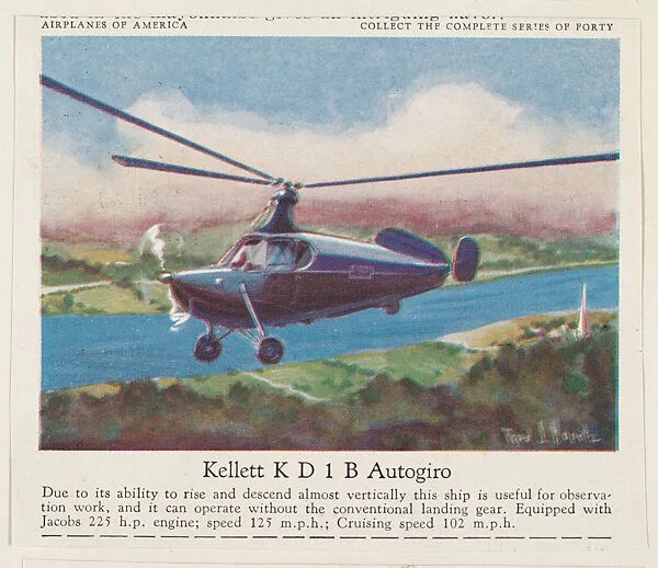 Kellett K D 1 B Autogiro, collector card from the Airplanes of America series (D2), issued by the Kelley Baking Company to promote Kelley's Bread — Kelley Baking Company
