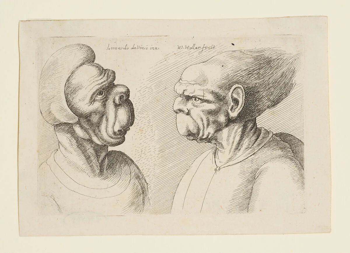 Two Deformed Heads with Very Long Upper Lips — Leonardo da Vinci|Wenceslaus Hollar