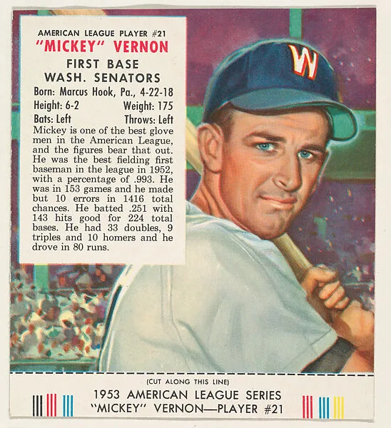 "Mickey" Vernon, from the Red Man All-Star Team series (T233), issued by Red Man Chewing Tobacco — Red Man Chewing Tobacco