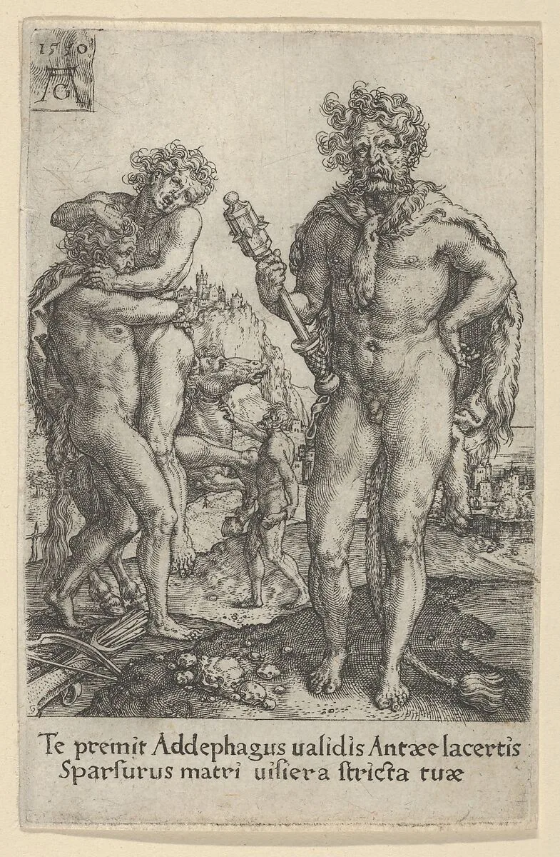 Hercules Squeezing Antaeus to Death, from The Labors of Hercules — Heinrich Aldegrever