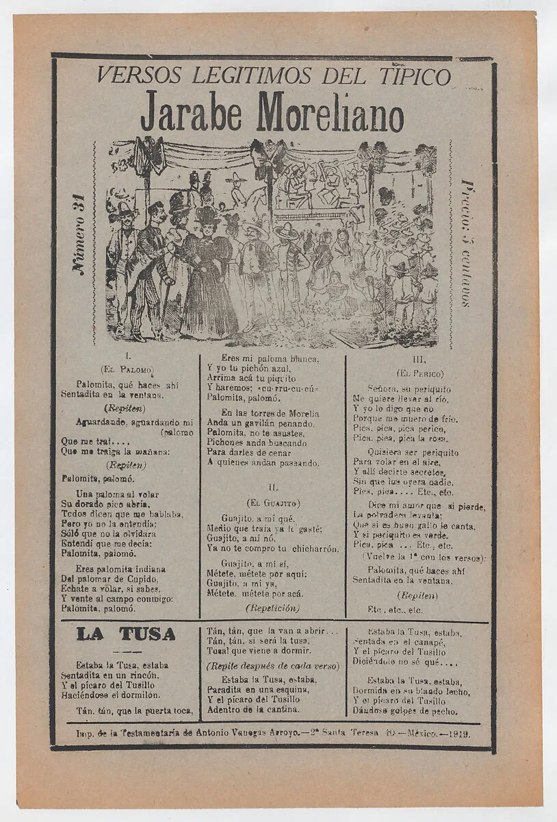 Broadsheet with songs for a Mexican courtship dance called the 'Jarabe Moreliano', a crowd of people and muscians — José Guadalupe Posada|Antonio Vanegas Arroyo
