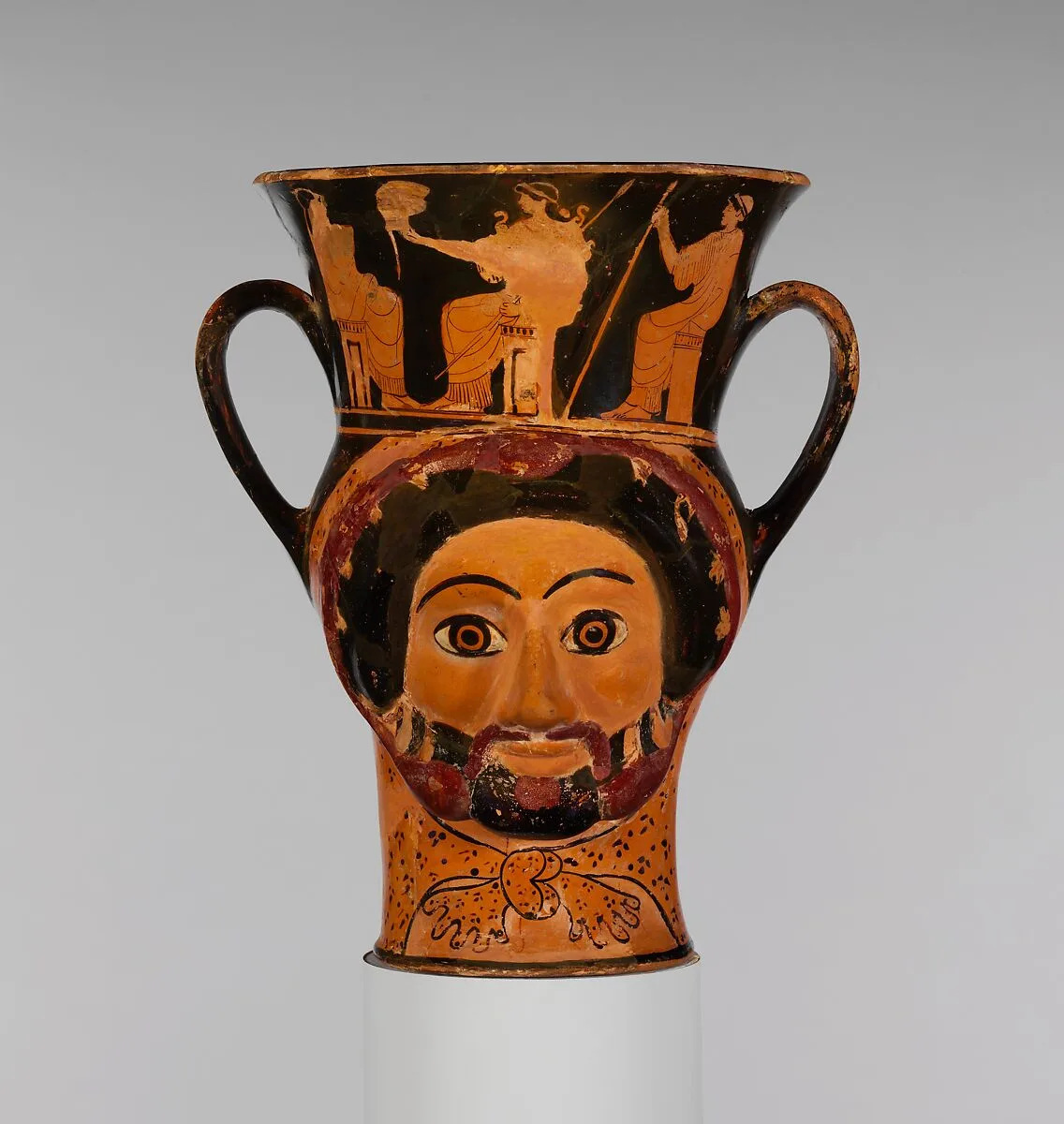 Terracotta kantharos (drinking cup) in the form of the heads of Herakles and of a woman — Class M: Vatican Class of Head Vases|Syriskos Painter