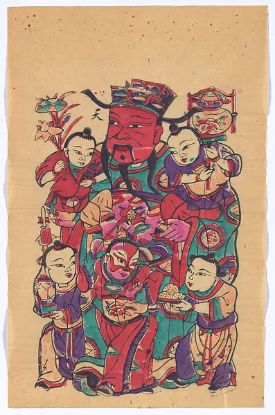 現代 佚名 五子門神(右) 彩印木刻年畫 河南朱仙鎮(CP371對幅)|New Year Picture of Door God with Five Children (paired with CP371, right) — Unidentified