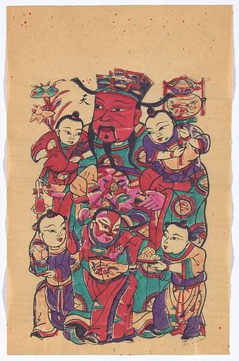 現代 佚名 五子門神(右) 彩印木刻年畫 河南朱仙鎮(CP371對幅)|New Year Picture of Door God with Five Children (paired with CP371, right)