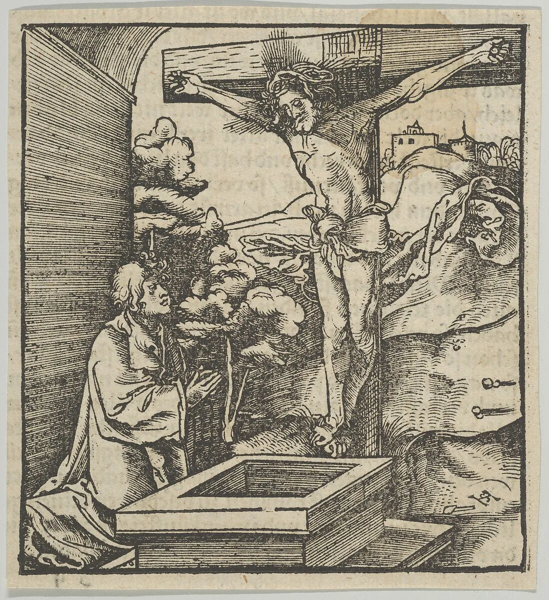 A Man Praying before a Crucifix, from Hymmelwagen auff dem, wer wol lebt... — Hans Schäufelein|Hans von Leonrodt|Silvan Otmar