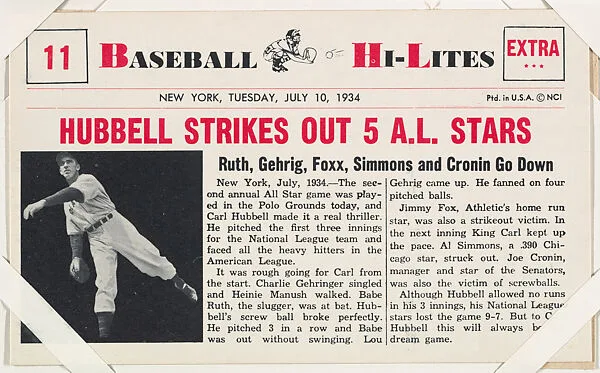 Carl Hubbell #11 from Nu-Card Baseball Hi-Lites series (W460) — Nu-Card, Inc.