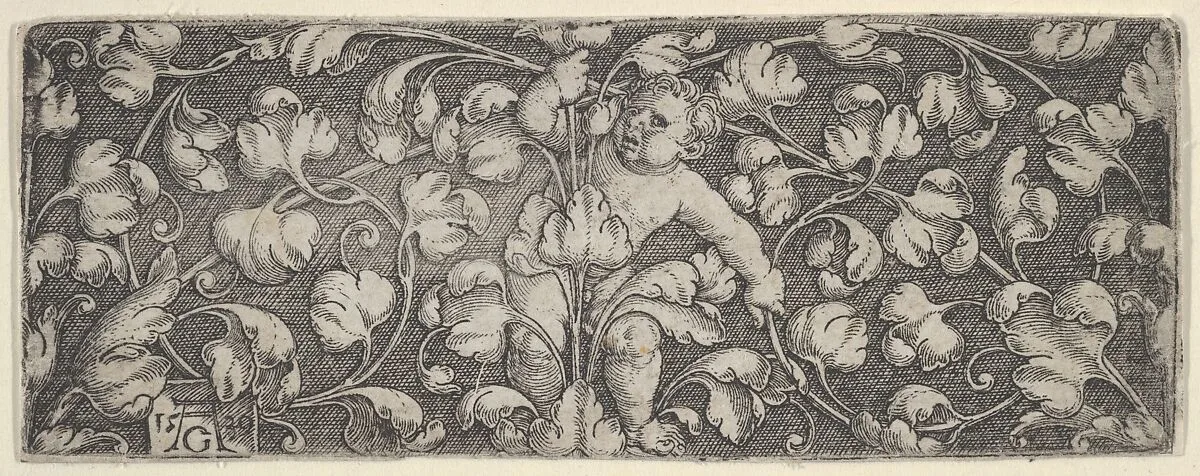 Horizontal Panel with Child Holding Tendrils Growing from Center — Heinrich Aldegrever