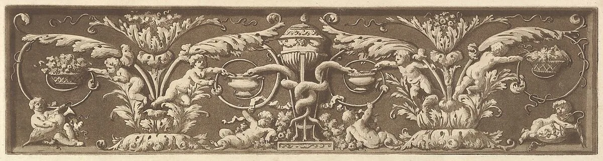 Ornamental frieze with putti and intertwined snakes, from Recueil de Différentes Compositions Frises et Ornements dessinées et gravées à la manière du lavis par La Grenée le Juene Se trouve chez l'Auteur, au Louvre et chez Basan, rue et Hôtel Serpente A Paris, in an album containing Recueil de Compositions par Lagrenée Le Jeune (Collection of Compositions by Lagrenée the Younger) — Jean Jacques Lagrenée