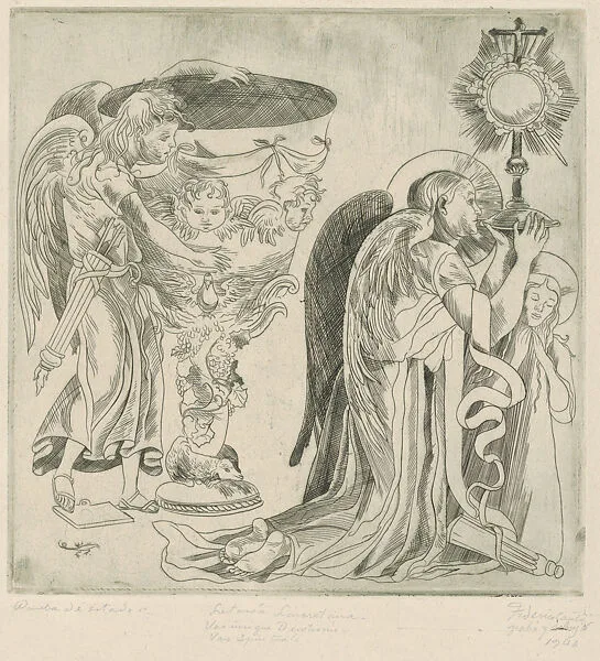 An angel holding a monstrance at right, another holds a goblet at left, from the 'Litanies of the Virgin' — Federico Cantù