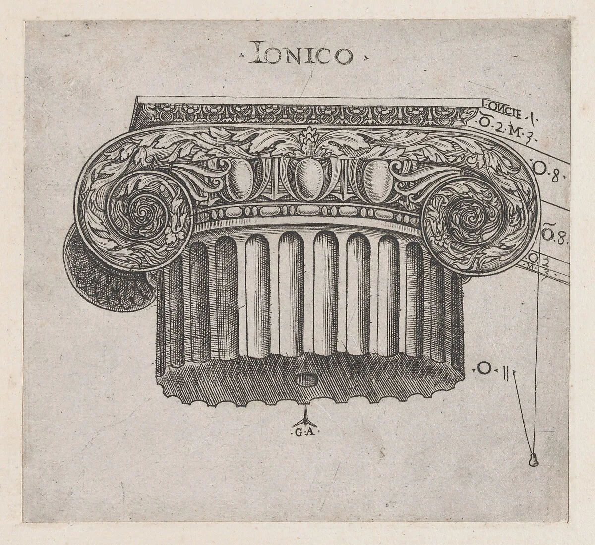 Speculum Romanae Magnificentiae: Ionic capital — Monogrammist G.A. & the Caltrop