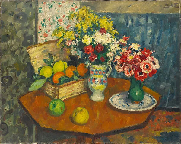 Basket of Fruit and Two Vases of Flowers — Georges d'Espagnat