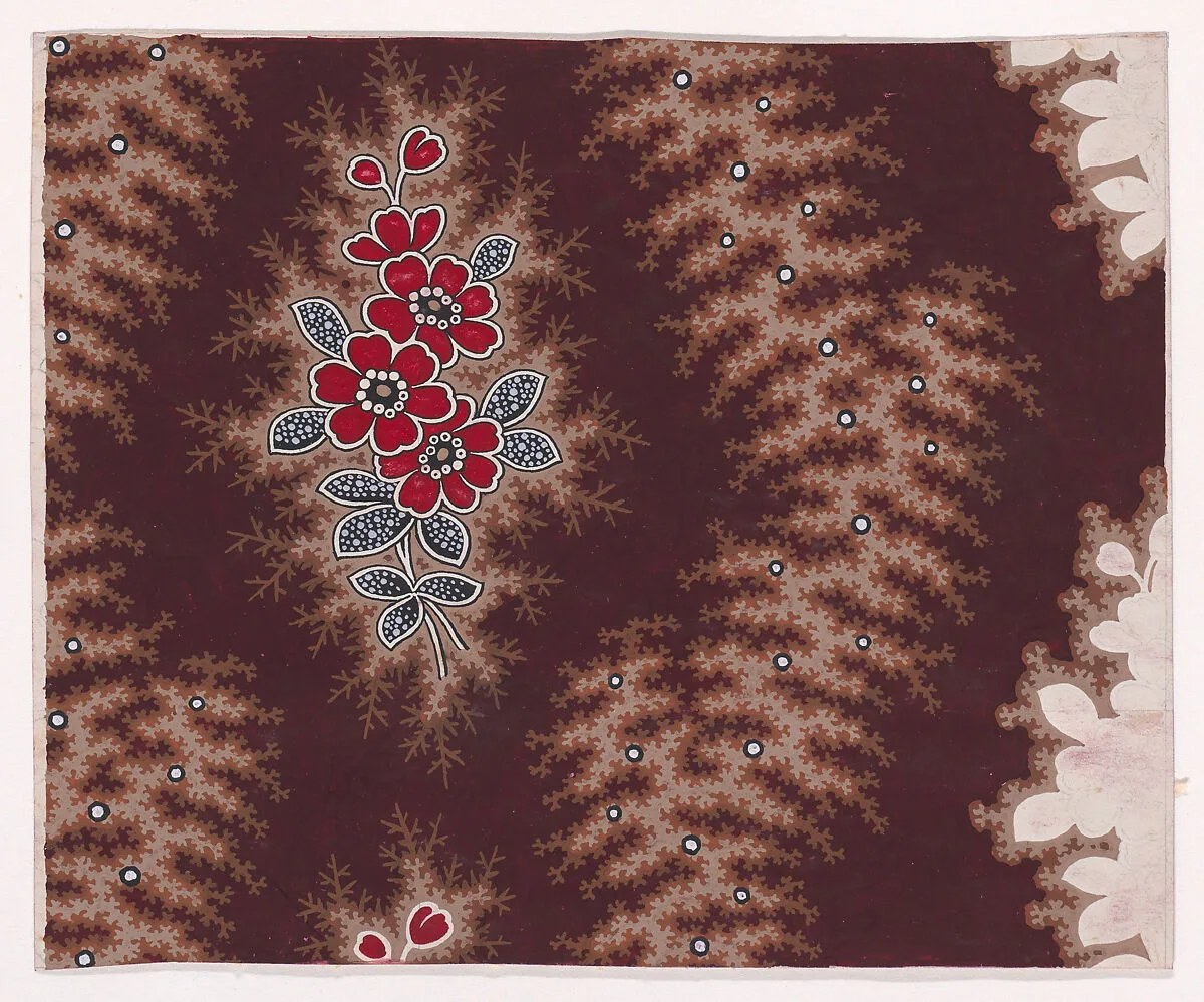 Textile Design with Vertical Rows of Bunches of Stylized Flowers with Pearls as Pistils and Leaves of Decorated with Pearls with Offsetting Branches Separated by Undulating Garlands of Branches Splattered with Pearls — Anonymous, Alsatian, 19th century