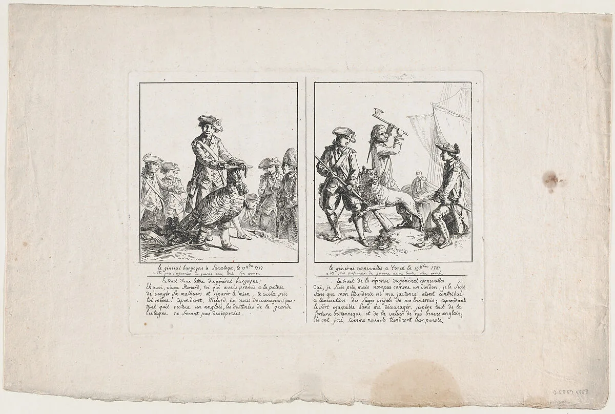 Le Général Burgoyne à Saratoga, le 17 Octobre, 1777; and Le Général Cornwallis à Yorck, le 19 Octobre, 1781 — Anonymous, French, 18th century