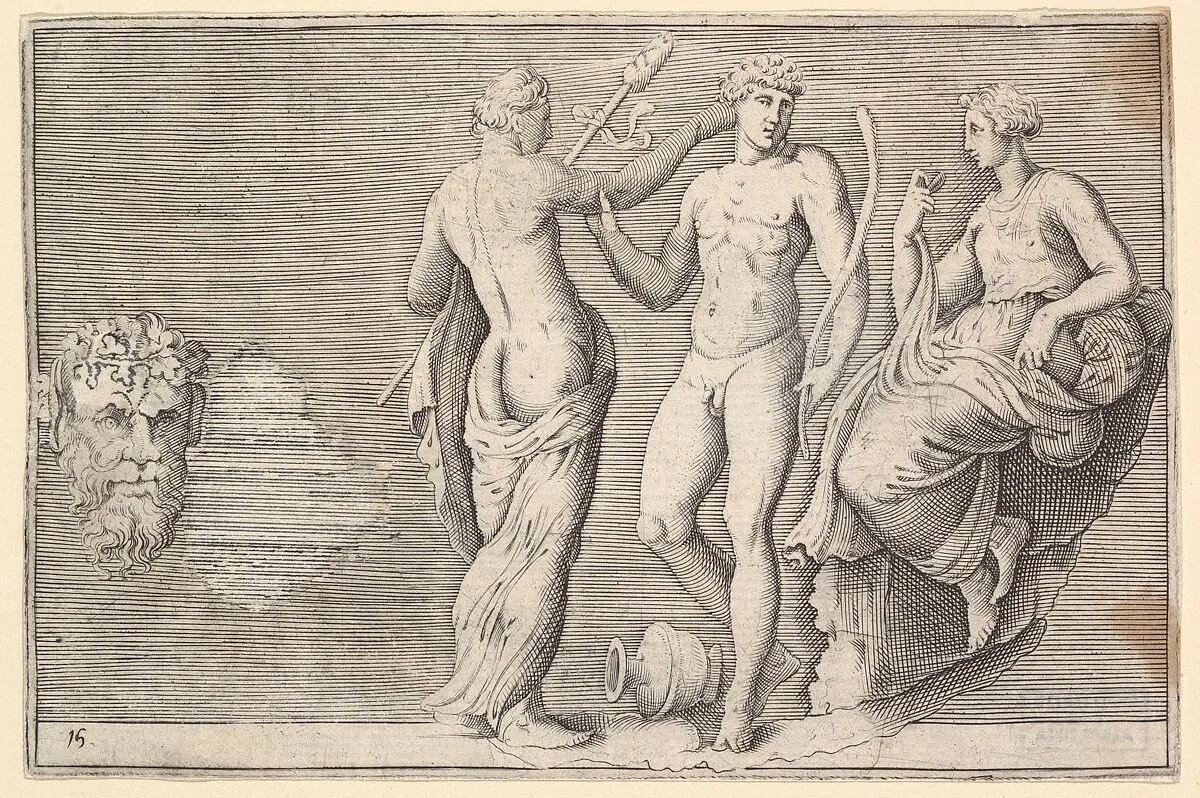 Head of Satyr and Three Figures, from "Ex Antiquis Cameorum et Gemmae Delineata/ Liber Secundus/et ab Enea Vico Parmen Incis" — Francesco Angeloni|Battista Franco|Philippe Thomassin|Enea Vico|Anonymous, Italian, 16th century