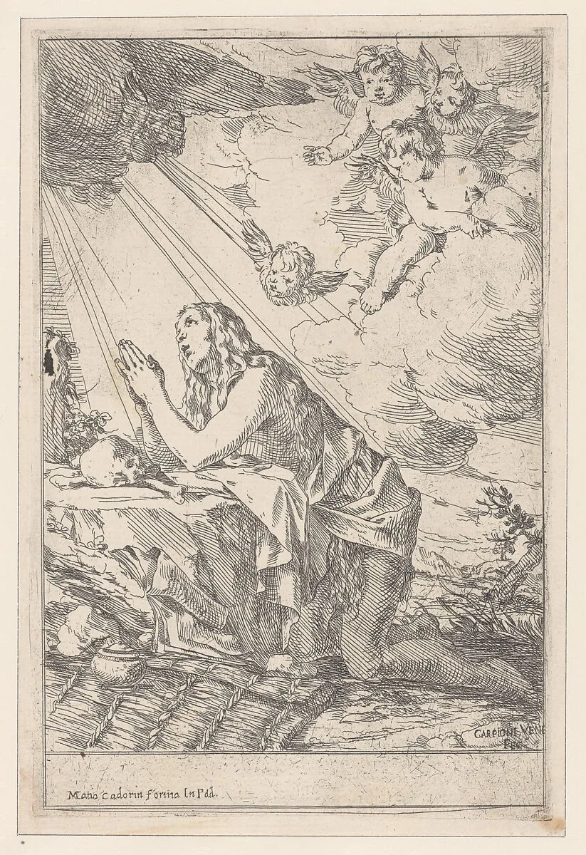 The Penitent Saint Mary Magdalene, kneeling before a skull and bones — Matteo Cadorin|Giulio Carpioni