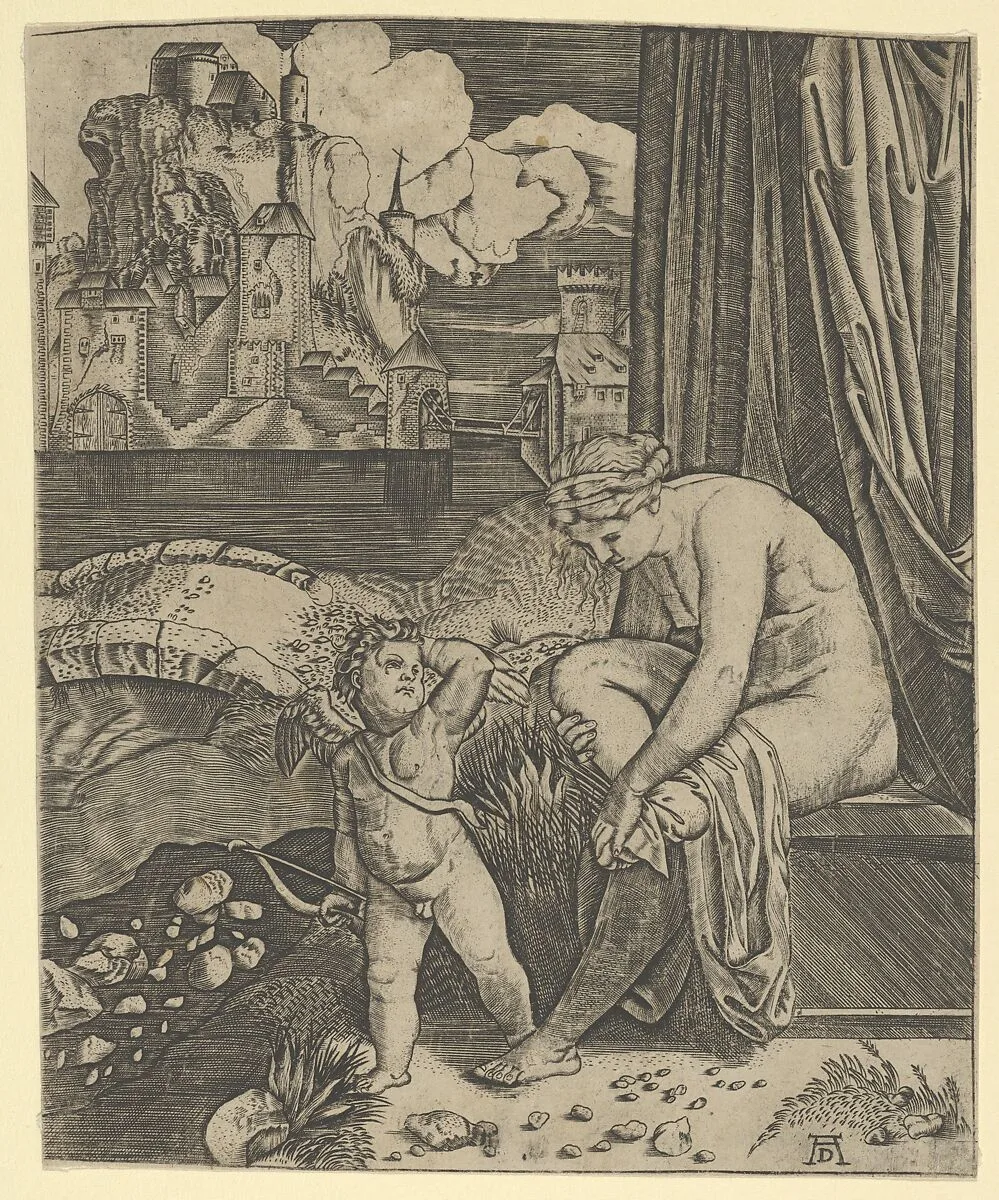 Venus naked sitting at right drying her foot with a piece of drapery, Cupid, in front of her, holding a bow in his right hand — Marcantonio Raimondi|Anonymous