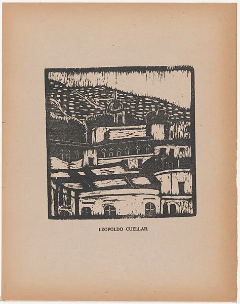 A townscape, from the portfolio 'Los pequeños grabadores en madera, alumnos de la Escuela Preparatoria de Jalisco' (Guadalajara, Mexico 1925). — Leopoldo Cuellar