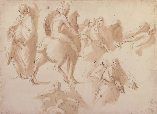 Figure Studies: Warrior on Horseback, and Groups of Standing Female Figures