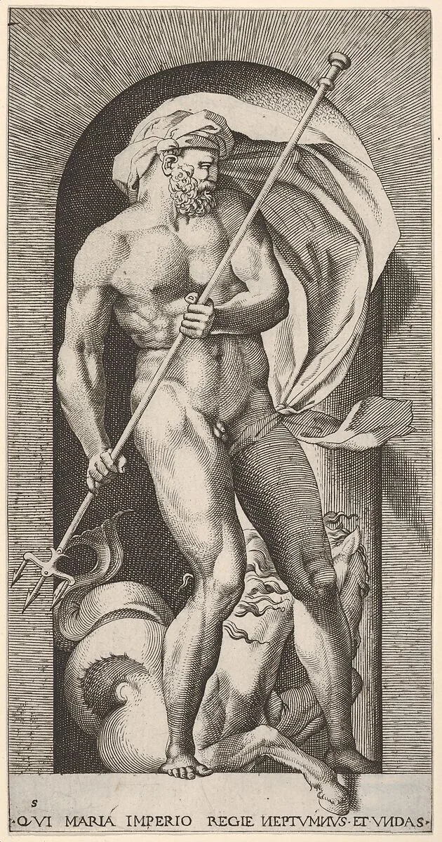 Plate 5: Neptune standing in a niche holding a trident, with a hippocampus (sea-horse) behind him, from a series of gods and goddesses — Giovanni Jacopo Caraglio|Rosso Fiorentino