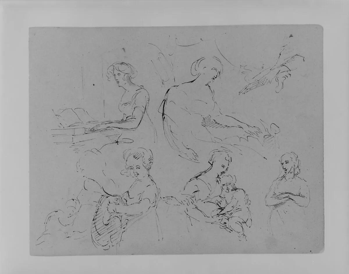 Five Half-Length Female Figures, One at a Spinet (from Sketchbook) — Thomas Sully