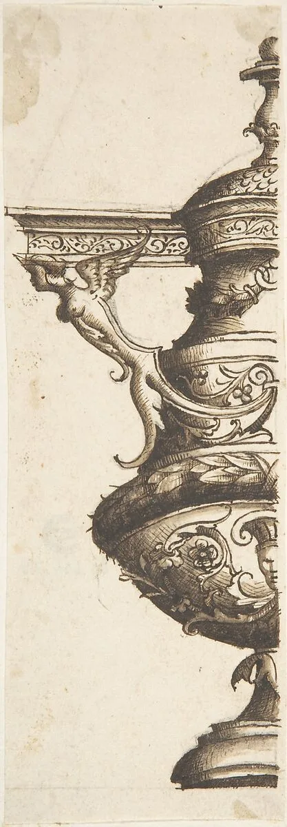 Ornament design after the antique; half-vase with Harpy and Entablature Handle — Anonymous, Italian, 16th century