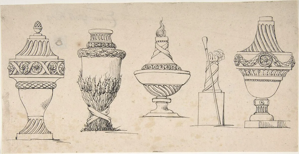 Studies for four urns with a walking stick and hat — Anonymous, French, 18th century|Anonymous, German, 18th century