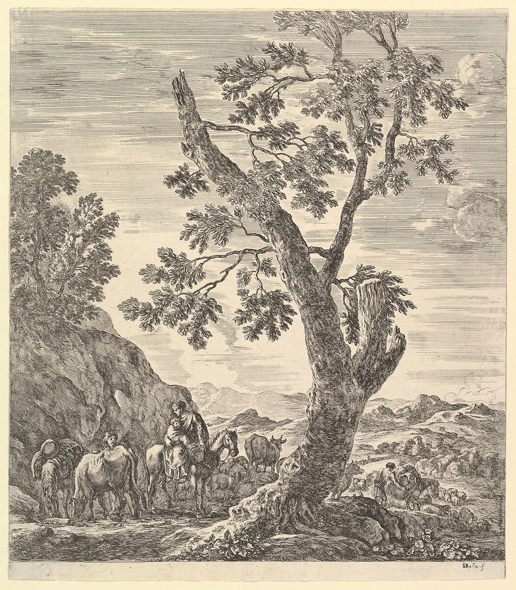 A shepherd with two horses and a peasant woman on horseback with a child in her arms to left, a large tree in center, a shepherd with a herd of animals descending a hill to right, mountains in the background, from 'Six large views, four of Rome and two of the Roman countryside' (Six grandes vues, dont quatre de Rome et deux de la Campagne romaine) — Stefano della Bella