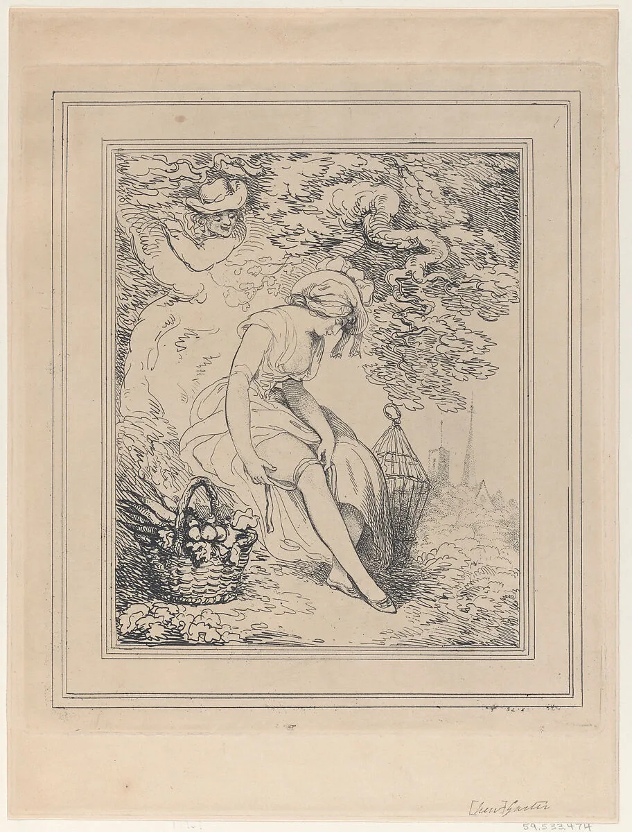 Girl with a Basket and Birdcage Adjusting Her Garter — Francis Wheatley|Thomas Rowlandson
