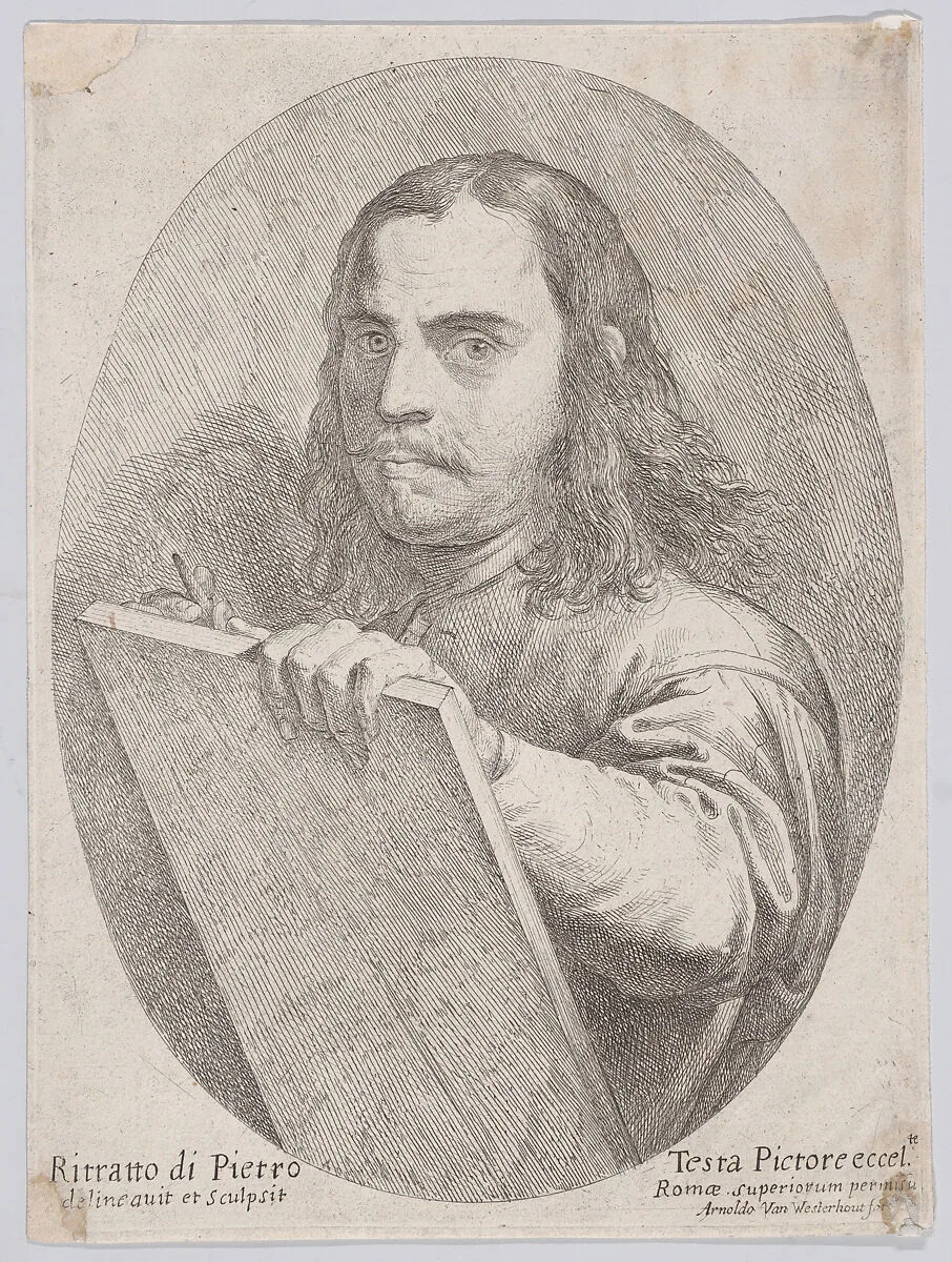 Self portait as an artist, holding a drawing board and implement — Pietro Testa|Arnold van Westerhout