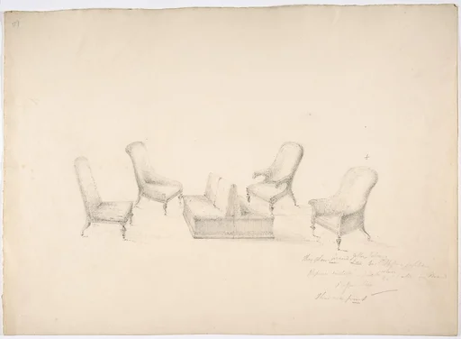 Design for a Suite of Furniture, A Double-sided Sofa, Two Chairs and Two Armchairs (Verso: sketch for shelves and a mirror)