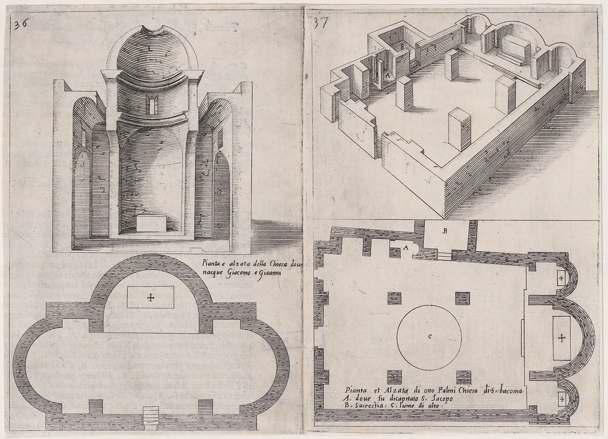29th and 30th Plates, from Trattato delle Piante & Immagini de Sacri Edifizi di Terra Santa (Treatise of the Plans & Images of the Sacred Buildings of the Holy Land) — Jacques Callot|Bernardino Amico|Pietro Cecconcelli