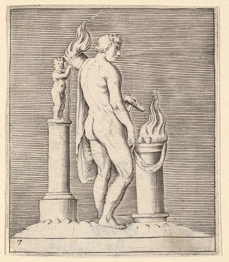 Man with Torch between Flaming Altar and Statuette, from "Ex Antiquis Cameorum et Gemmae Delineata/ Liber Secundus/et ab Enea Vico Parmen Incis"