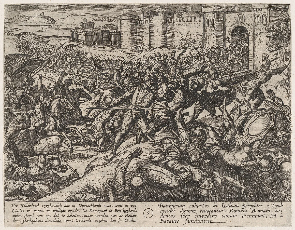 Plate 9: The Romans Defeated by the Dutch Troops at Bonna, from The War of the Romans Against the Batavians (Romanorvm et Batavorvm societas) — Antonio Tempesta|Otto van Veen