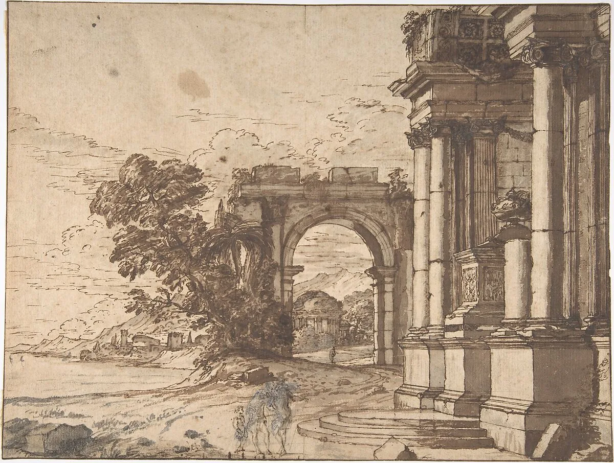 Landscape with Classical Architecture by a Lake — Anonymous, French, 17th century