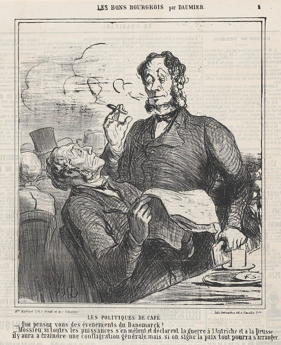 Coffee house politics, from 'The good bourgeois,' published in "Le Charivari", April 21, 1864 — Aaron Martinet|Destouches|Honoré Daumier
