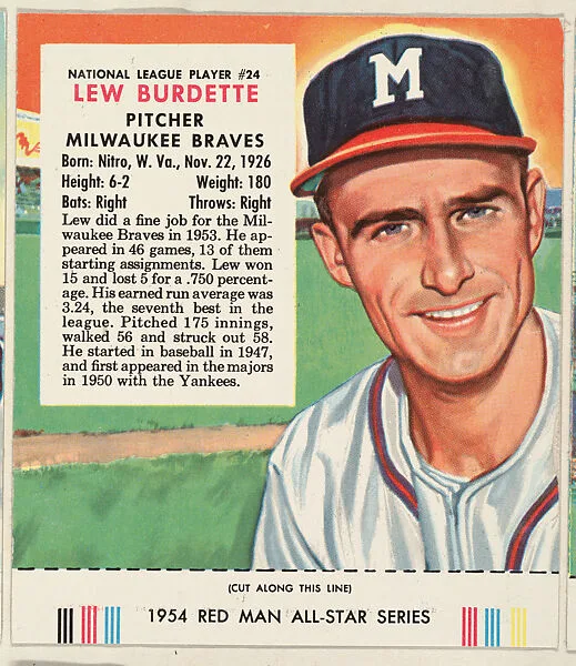 Lew Burdette, from the Major League All Stars series (T234), issued by Red Man Chewing Tobacco — Red Man Chewing Tobacco
