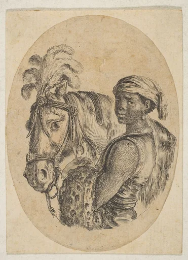 Black slave carries a leopard pelt and holds the bridle of a horse, from "Several heads in the Persian style" (Plusieurs têtes coiffées à la persienne)