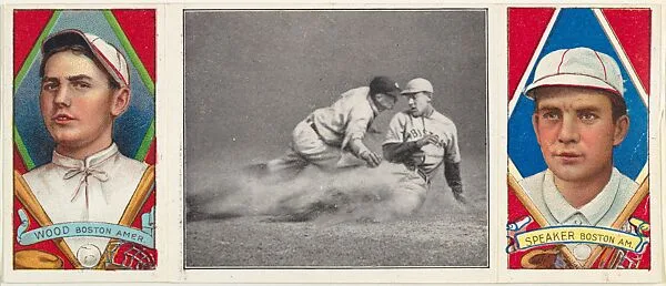 "Close at Third," with J. Wood and J. Speaker, from the series Hassan Triple Folders (T202) — Hassan Cigarettes