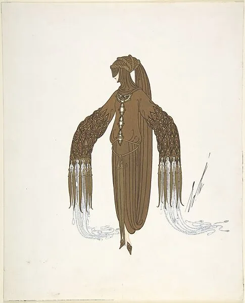 "La Philantropie" Gold Costume Design with Tasselled Belt and Sleeves for "L'Or," Ziegfield Follies — Erté (Romain de Tirtoff)