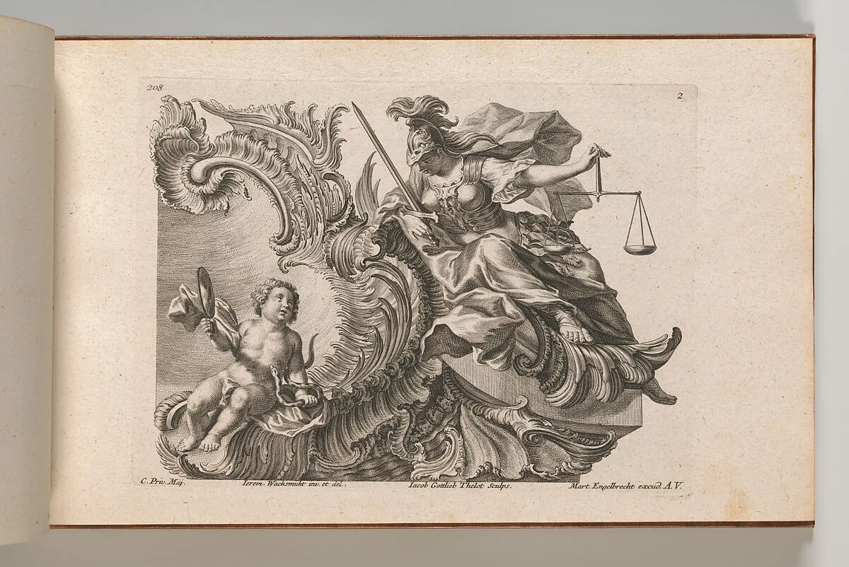 Design for a Rocaille Cartouche with the Figure of Justitia, Plate 2 from an untitled series with architectural cartouches and allegorical figures — Jacob Gottlieb Thelot|Martin Engelbrecht|Jeremias Wachsmuth