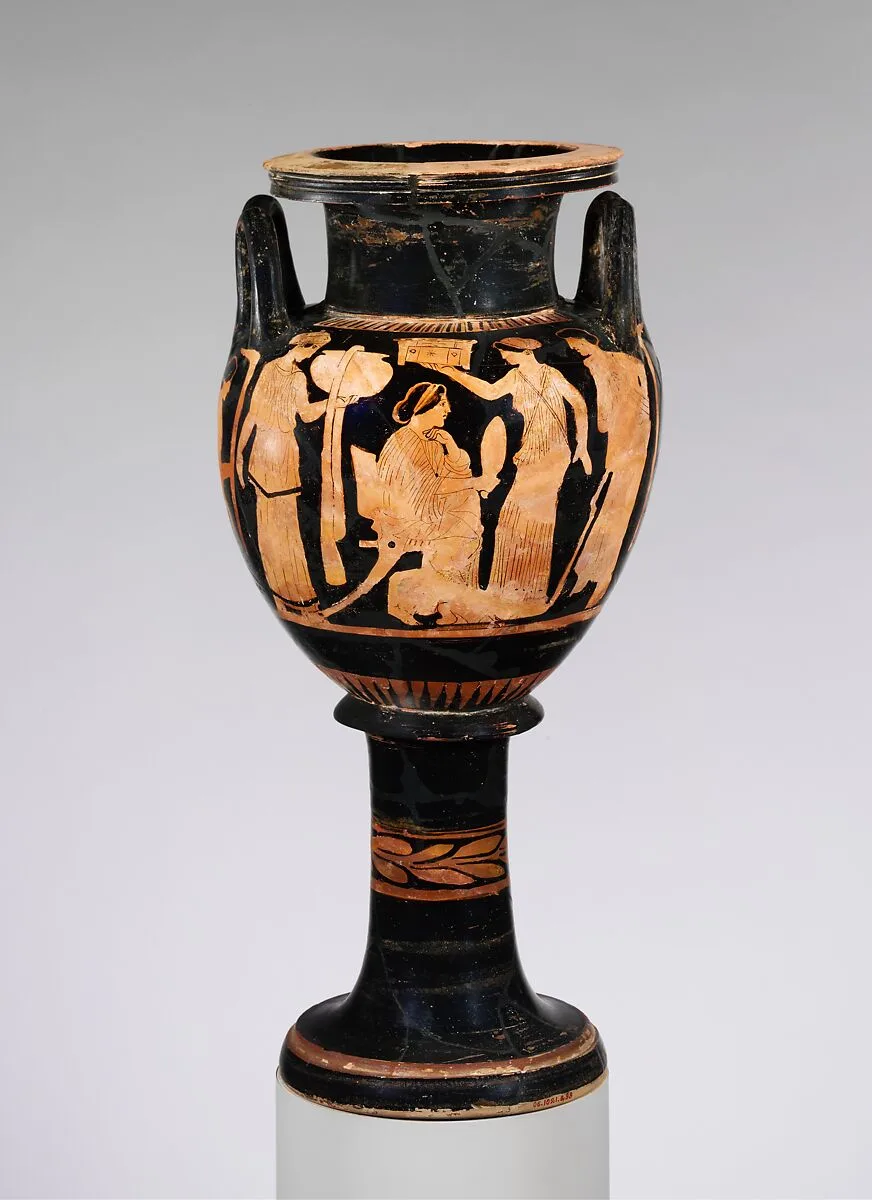 Terracotta lebes gamikos (round-bottomed bowl with handles and stand used in weddings) — Naples Painter