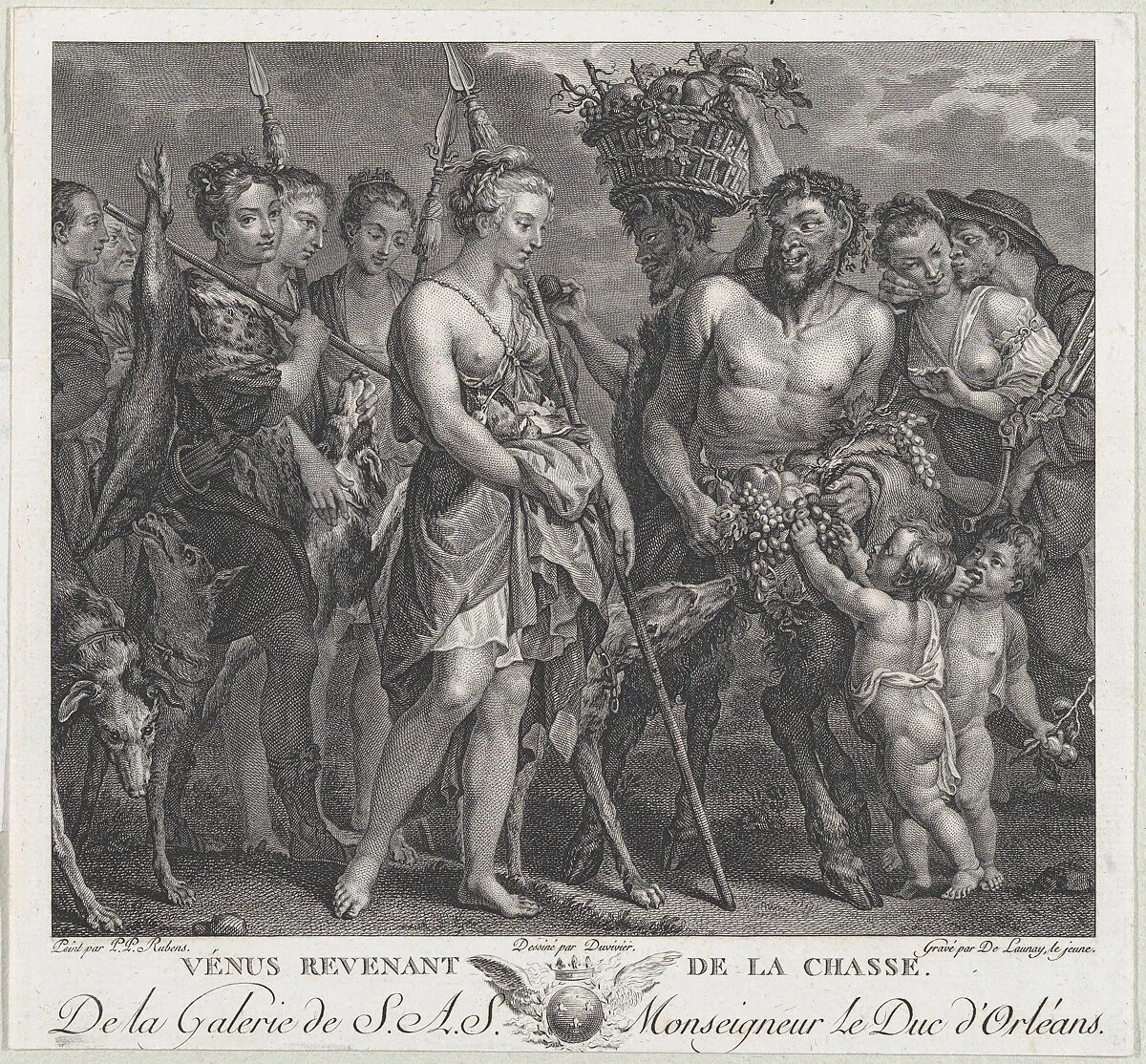 Diana returning from the chase, accompanied by dogs and her nymphs at left, two satyrs at right — Jean Bernard Duvivier|Robert de Launay|Peter Paul Rubens