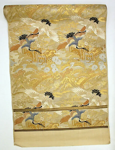 鶴御所車吉祥模様錦帯|Formal Obi Sash for a Wedding with Cranes, Court Carriages, and Auspicious Motifs — Unknown