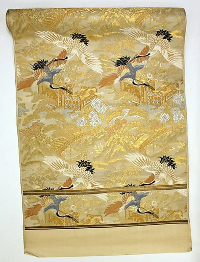 鶴御所車吉祥模様錦帯|Formal Obi Sash for a Wedding with Cranes, Court Carriages, and Auspicious Motifs