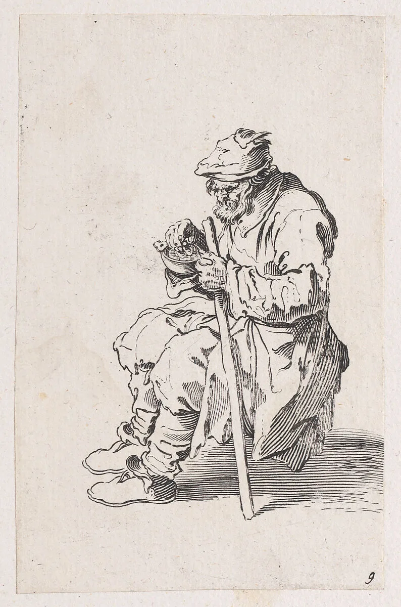 Reverse Copy of Le Gueux Assis et Mangeant (The Beggar Sitting and Eating), from Les Gueux suite appelée aussi Les Mendiants, Les Baroni, ou Les Barons (The Beggars, also called the Barons) — Jacques Callot|Anonymous