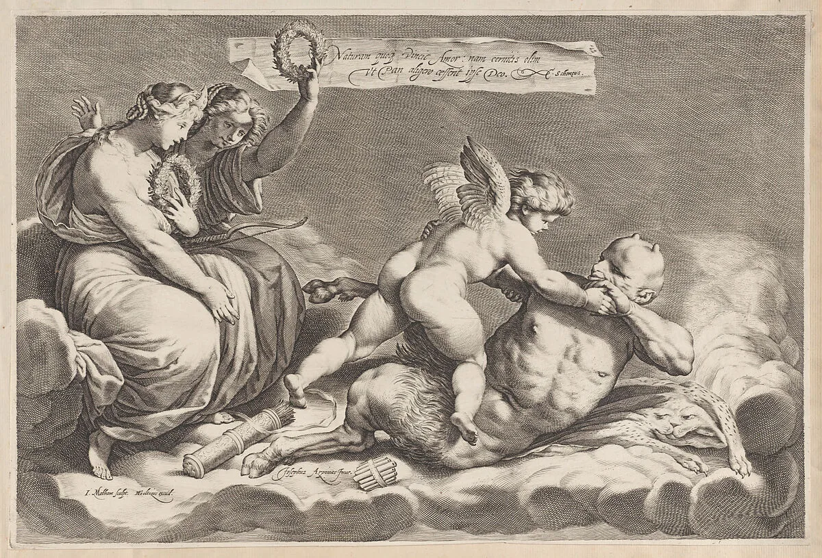 Cupid wrestling with Pan, amongst the clouds, with two allegorical women seated at left — Cavaliere d'Arpino (Giuseppe Cesari)|Hendrick Goltzius|Jacob Matham